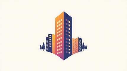 Obraz premium A cityscape logo design blends modern skyscrapers and lush greenery in gradient colors.