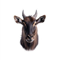 Fototapeta premium Detailed close-up of a goat's head with sharp horns and expressive eyes, isolated on a white background.