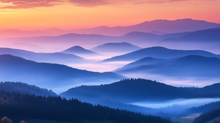Fototapeta premium Misty mountain landscape with a colorful sunrise.