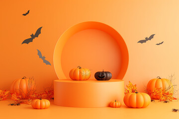 A Halloween scene with pumpkins and bats