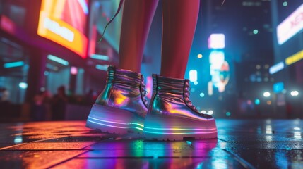 Fototapeta premium A close-up of shiny platform boots reflecting vibrant neon lights on a wet urban street. The futuristic footwear, highlighted against a colorful city backdrop, evokes a cyberpunk aesthetic.