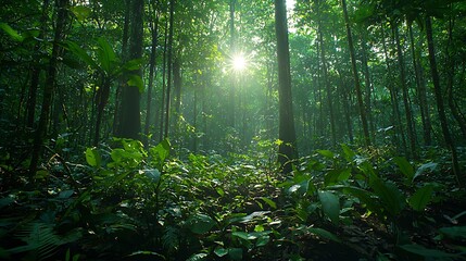 Fototapeta premium Sunlight streams through the dense jungle canopy, casting a golden glow.