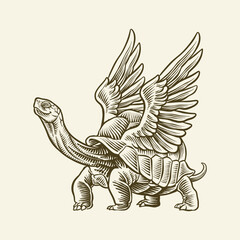 illustration of a winged turtle in black and white