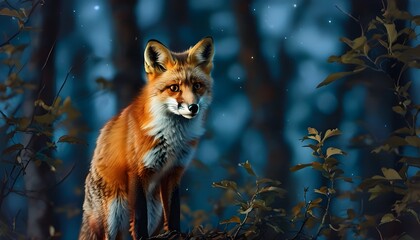 Nighttime portrait of a young red fox perched on a tree in an enchanting forest