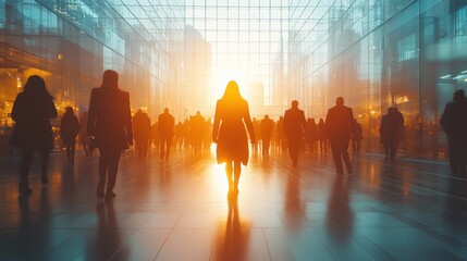 Silhouettes of people walking in a modern city with the sun shining through the glass ceiling.