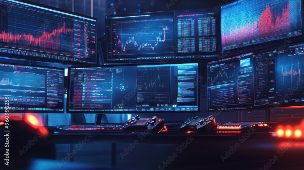 Poster multiple monitors displaying financial charts and data in a dark office
