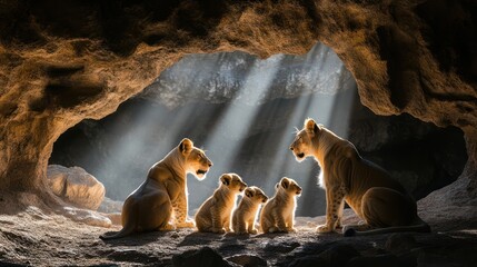 Lion Family in a Cave
