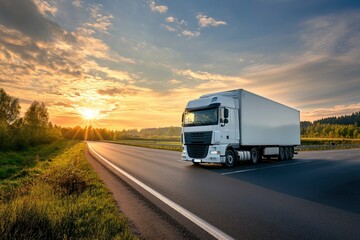 White truck driving on the asphalt road in rural landscape at sunset, ai