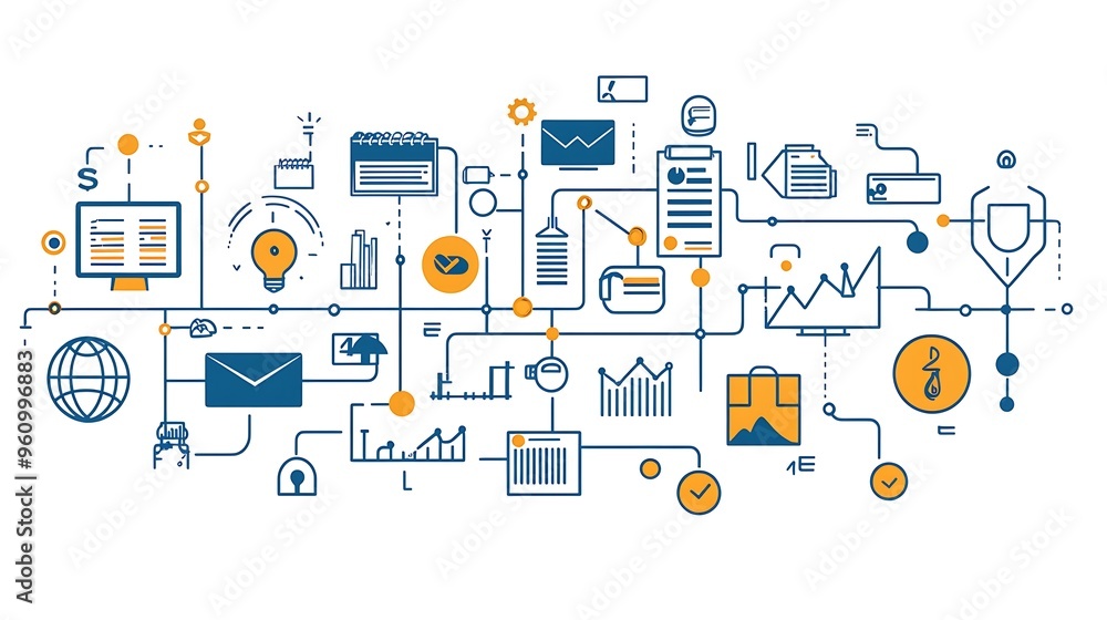 Poster a business process flowchart with line icons and yellow circles visualizes strategic pathways.