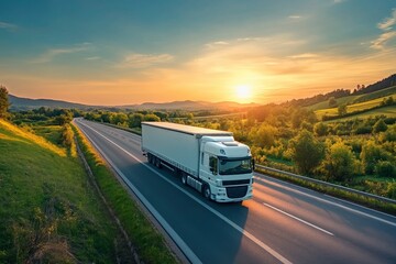 Obraz premium White truck driving on the asphalt road in rural landscape at sunset, ai