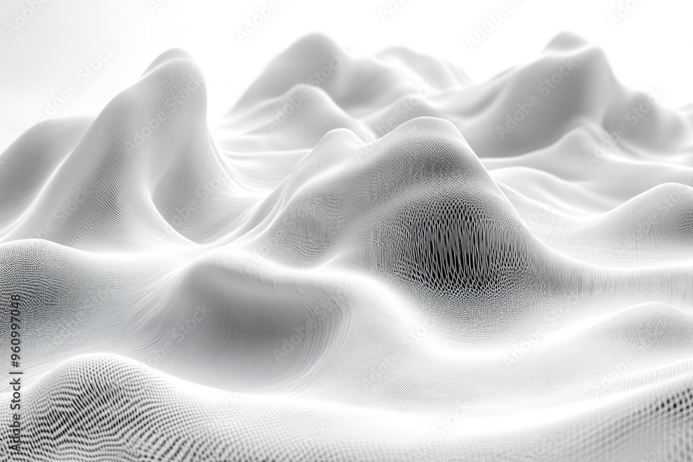 Poster abstract white landscape with undulating hills and valleys, creating a futuristic and minimalist des