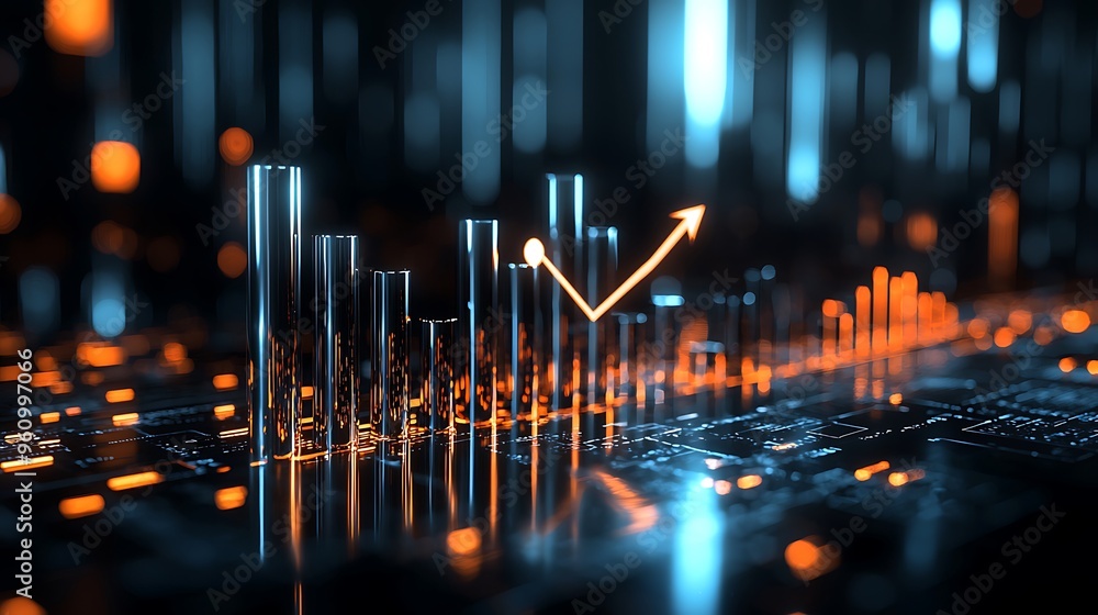 Poster a technology growth chart with an upward arrow visualizes progress in the digital age.