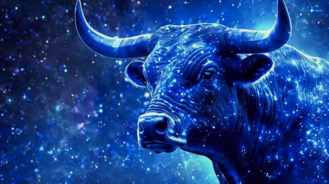 A close-up of a blue bull's head with starry texture against a cosmic background.
