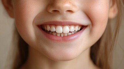 Obraz premium Close-up of a young girl's smiling face, showcasing healthy white teeth.