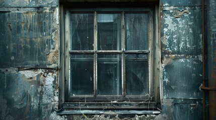 A single window with peeling paint on a weathered building.
