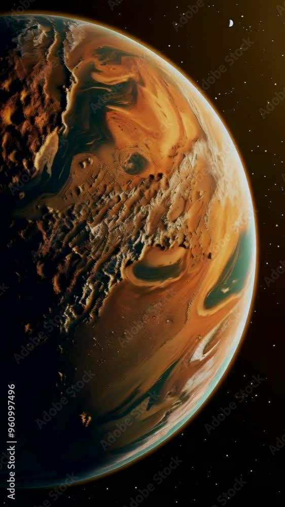 Poster a stunning depiction of a planet with intricate surface patterns and starry background.