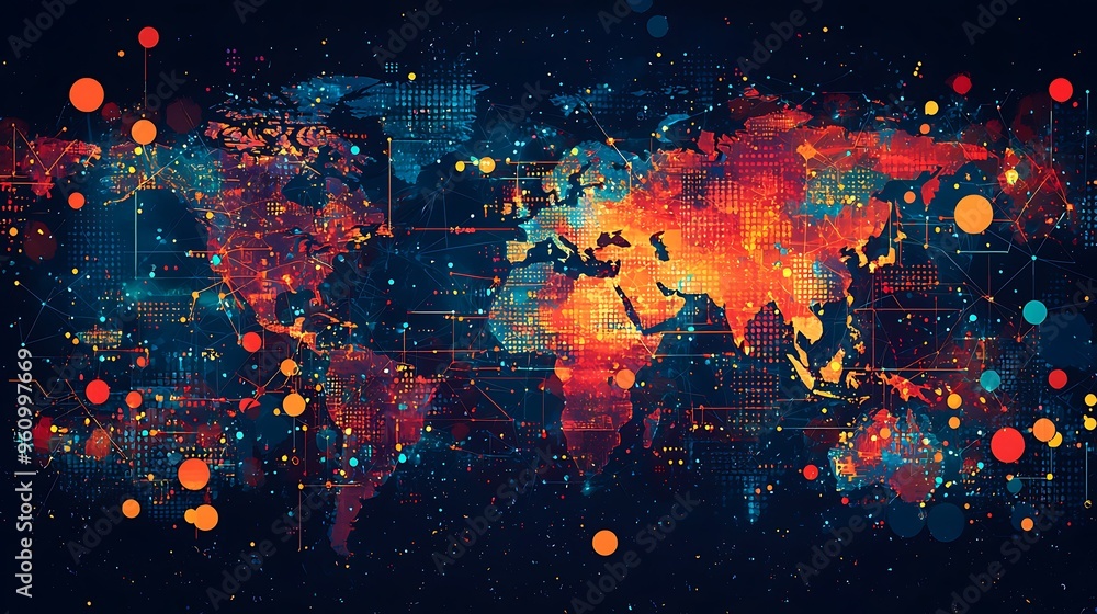 Poster an abstract world map highlights connections and data points, symbolizing global interconnectivity.
