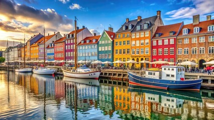 Fototapeta premium Scenic waterfront district in Copenhagen with colorful buildings and boats, Nyhavn, Denmark