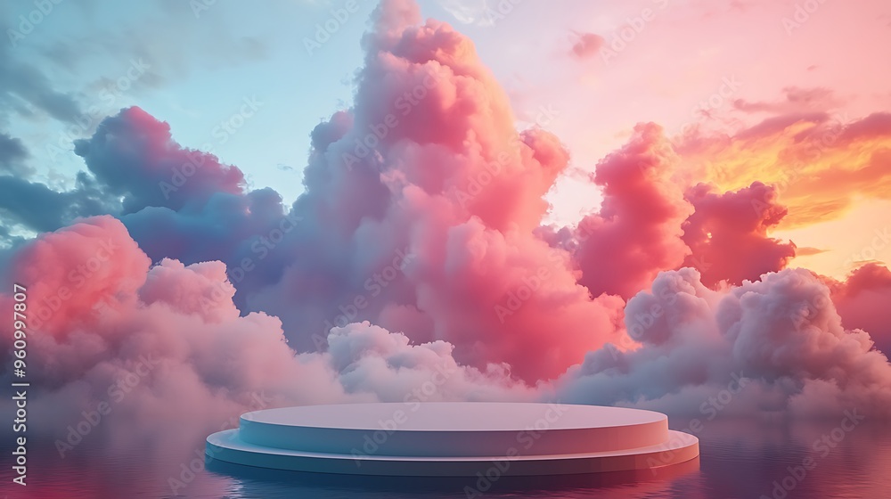 Poster a minimalist podium stands against a backdrop of a cloudy sky, creating a serene abstract scene.