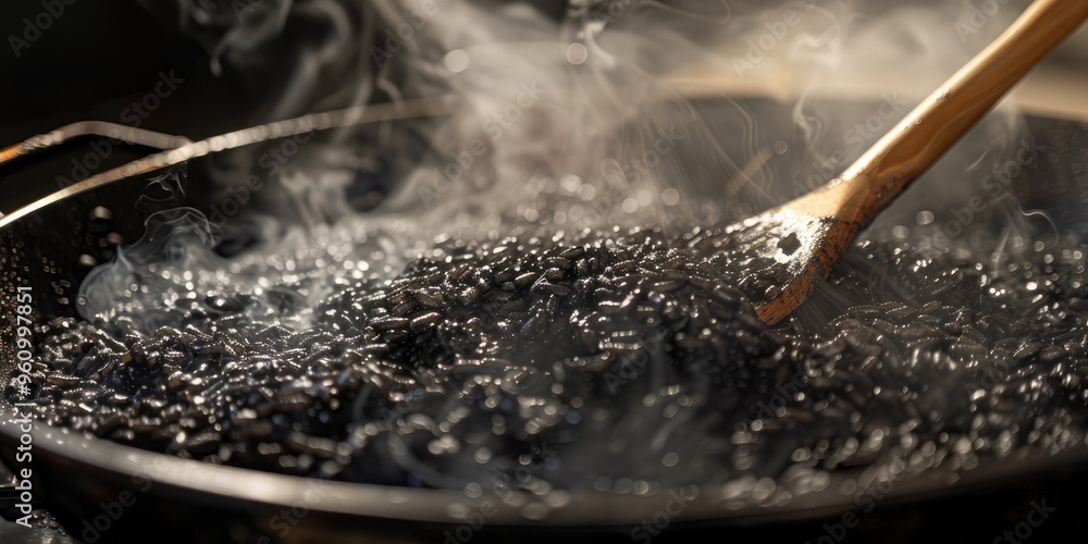 Wall mural Cooking black risotto in a wide skillet using a wooden spoon