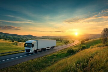 Obraz premium White truck driving on the asphalt road in rural landscape at sunset, ai