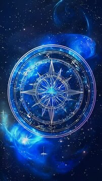 A compass with a star in the center against a background of nebulae and stars in a dark blue sky.