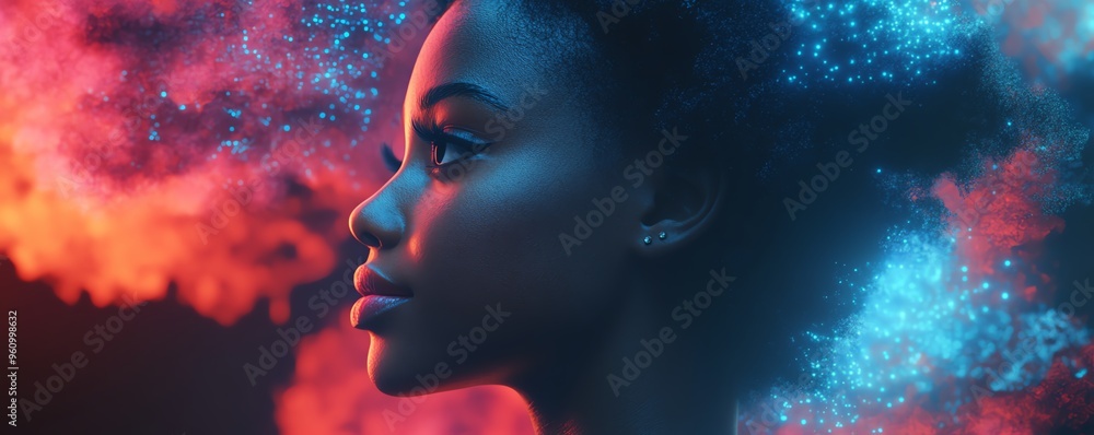 Poster 3d rendering of african american woman coco with cloud computing concept, showcasing cloud service s