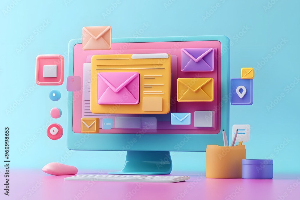 Poster computer screen with colorful envelope icons