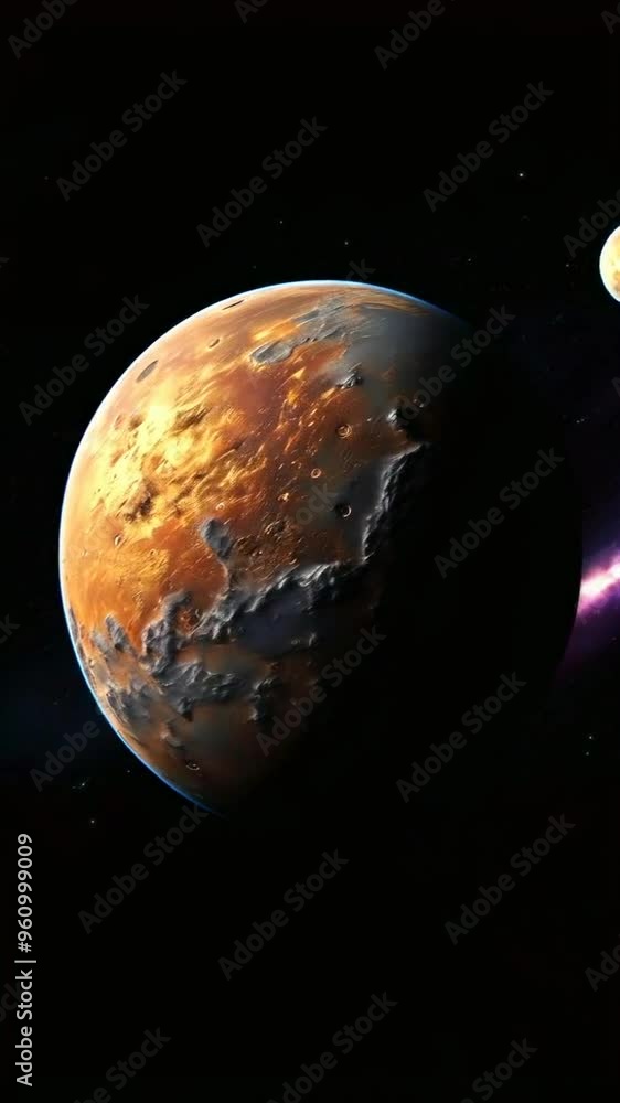Poster a depiction of mars with its moon in a cosmic setting.