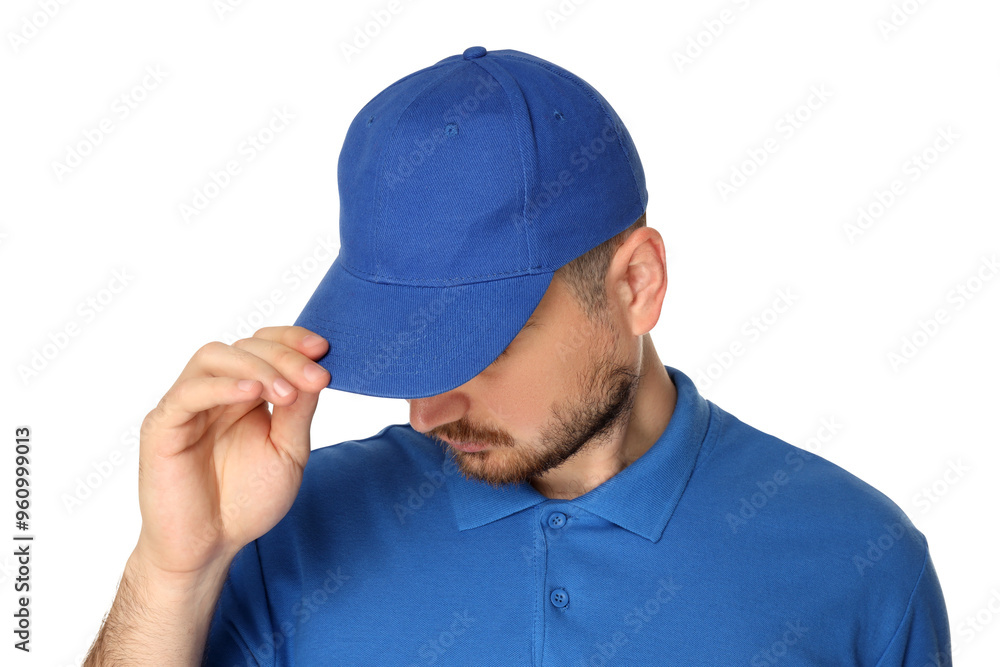 Poster PNG,A guy in a blue T-shirt and a cap, isolated on white background