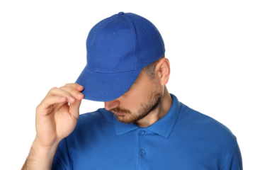 PNG,A guy in a blue T-shirt and a cap, isolated on white background