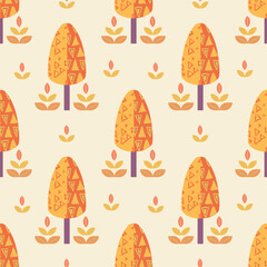 Autumn trees seamless pattern in folk nordic.Beautiful forest leaf surface design texture background .Nature symple style, Scandinavian art illustration.Cute design for print product,season decorate
