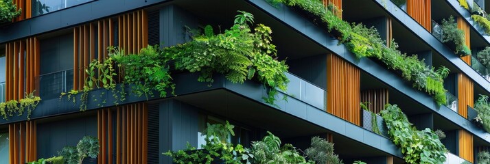 Fototapeta premium Close-up of a modern apartment building featuring a green living facade, exemplifying sustainable architecture.