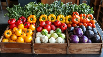 A wooden crate brims with colorful fresh vegetables, showcasing the bounty of nature.