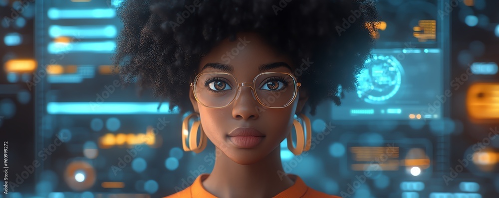 Poster african american woman named coco in a 3d rendering, showcasing a cloud computing setup with cloud s