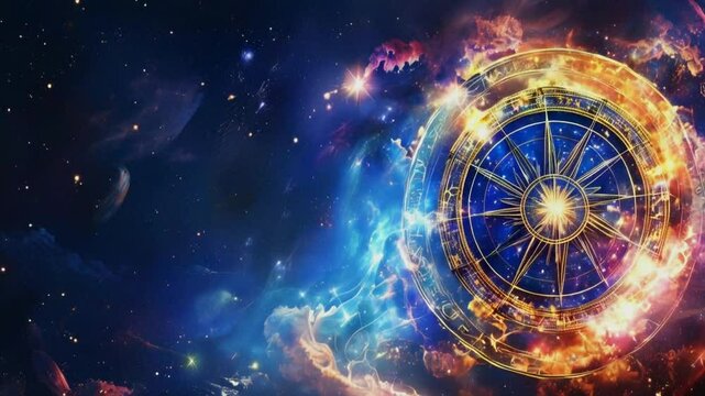 Golden compass with zodiac signs in a cosmic sky.