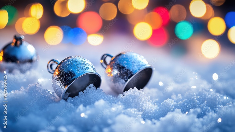 Poster silver jingle bells resting on a snowy surface with colorful bokeh lights in the background