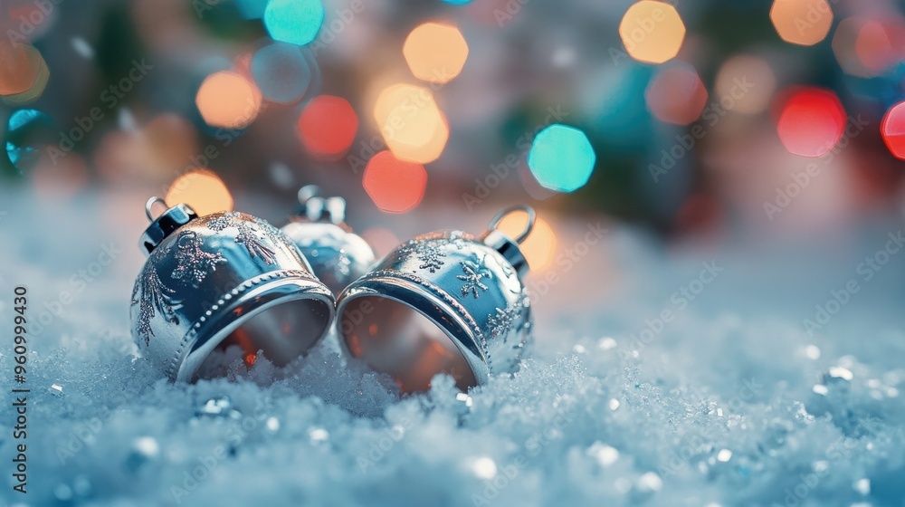 Poster silver jingle bells resting on a snowy surface with colorful bokeh lights in the background