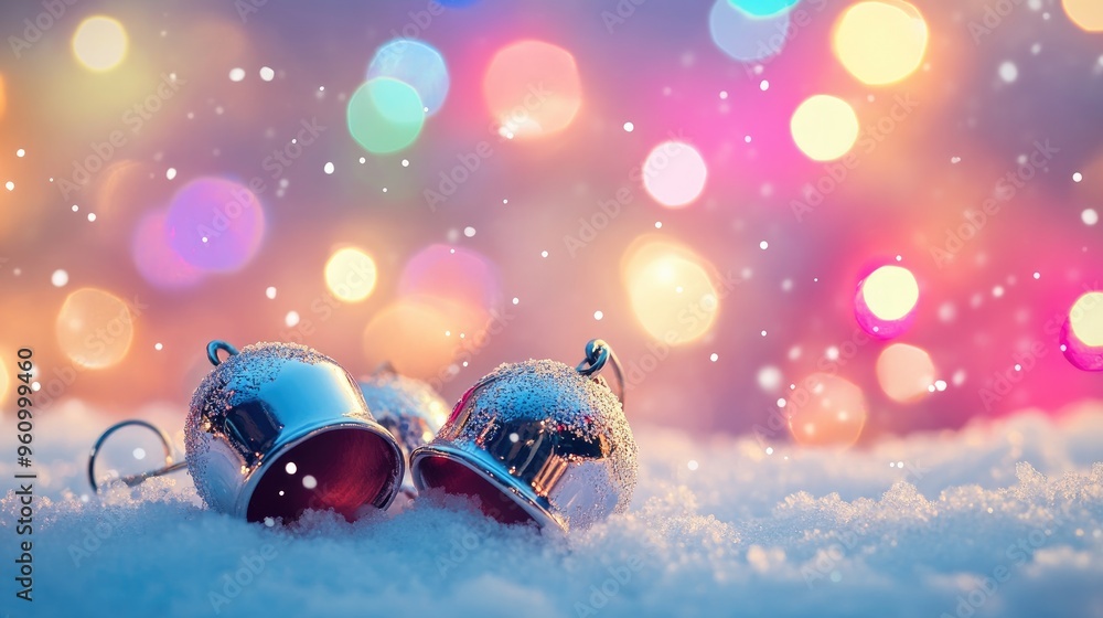 Poster silver jingle bells resting on a snowy surface with colorful bokeh lights in the background