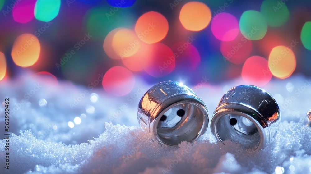 Aufkleber silver jingle bells resting on a snowy surface with colorful bokeh lights in the background
