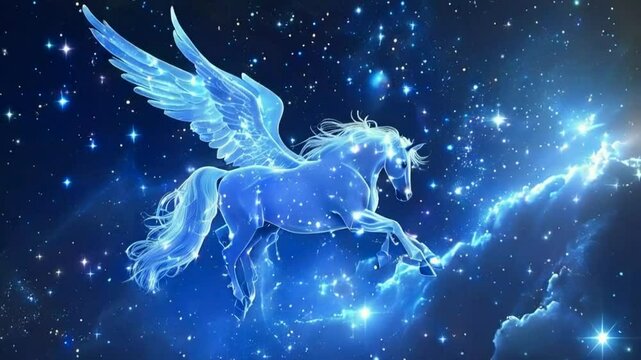A glowing white winged horse flying through a starry night sky with clouds.