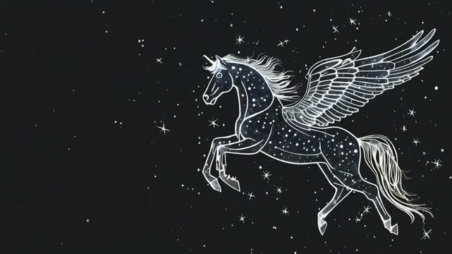 A white, winged unicorn, with a starry mane and coat, flies against a black, starry sky.
