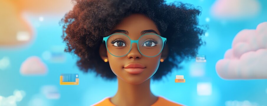 Concept of cloud computing with a 3D African American woman named Coco, including cloud service servers, data processing, blogging, website, and mobile app visuals