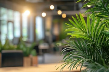 Blur background of contemporary office with greenery and bright natural light. Office interior photography. Sustainable workplace environment concept. Design for eco-friendly office spaces. Spate , ai