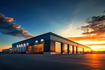 Fototapeta premium Modern Industrial Warehouse at Sunset with Clear Sky , ai