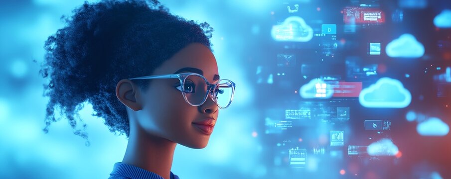 Concept of cloud computing with a 3D African American woman named Coco, including cloud service servers, data processing, blogging, website, and mobile app visuals