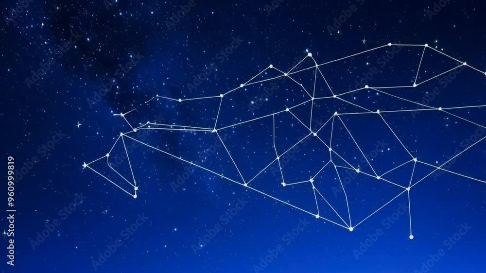 Poster abstract constellation design with connecting lines and dots on a deep blue sky with twinkling stars