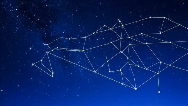 Abstract constellation design with connecting lines and dots on a deep blue sky with twinkling stars.