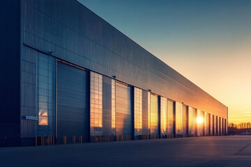 Fototapeta premium Modern Industrial Warehouse at Sunset with Clear Sky, ai