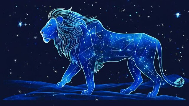 A glowing blue lion constellation in the night sky.